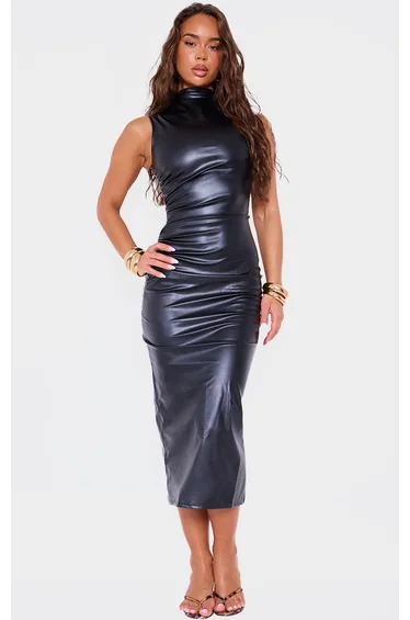 Black Faux Leather High Neck Sleeveless Ruched Midaxi Dress