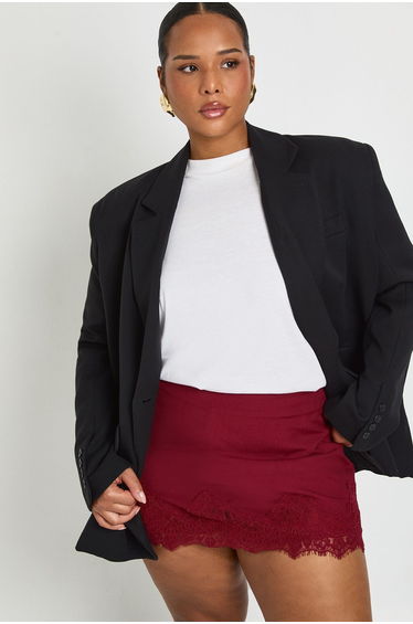 Plus Lace Trim Crepe Mini Skirt - burgundy