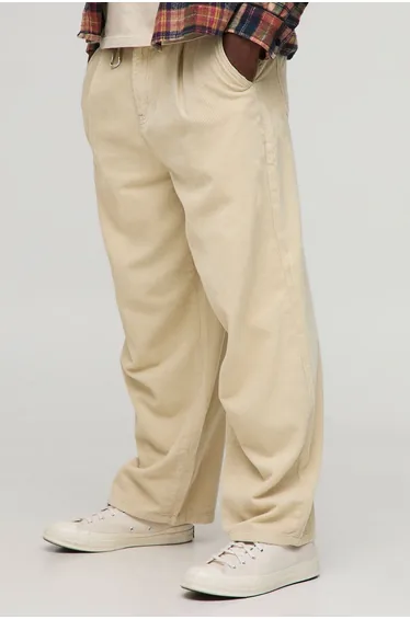 بنطلون كوردروي بطيات أمامية بشكل إسطواني - بيج