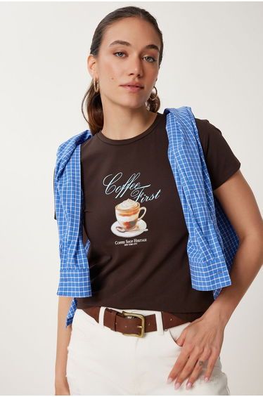 Women's Brown Printed Knitted T-Shirt