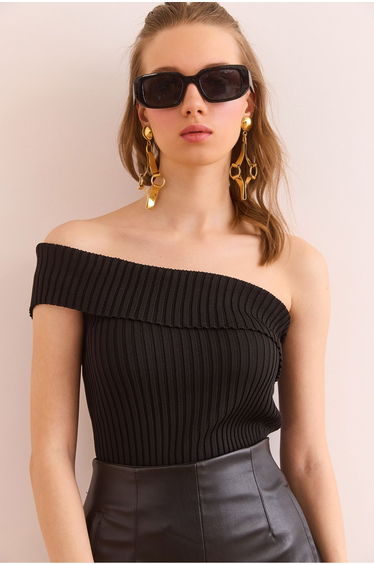 Women's Black Single Shoulder Detailed Ribbed Knitwear Blouse