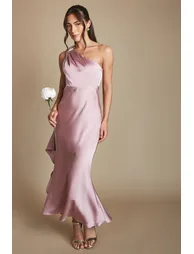 Petite One Shoulder Satin Maxi Bridesmaid Dress With Gold Trim