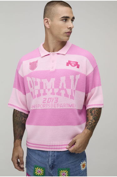 Oversized Varsity Jacquard Striped Knitted Polo - pink