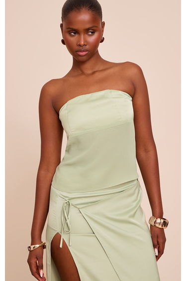 Sage Satin Bust Detail Bandeau Top