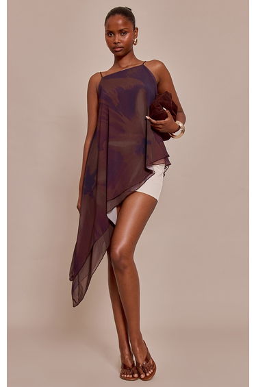 Mauve Printed Chiffon Strappy Asymmetric Longline Top