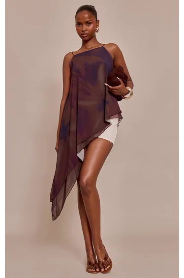 Mauve Printed Chiffon Strappy Asymmetric Longline Top