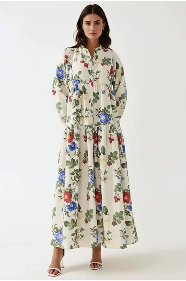 Floral Linen Feel Crew Neck Maxi Dress
