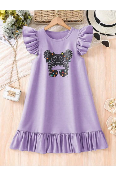 Girls Graphic Print Ruffled Sleeve Dress