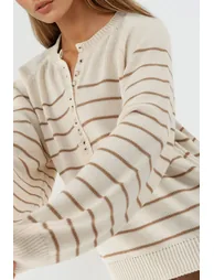 Button Detailed Striped Loose Fit Sweater - 4
