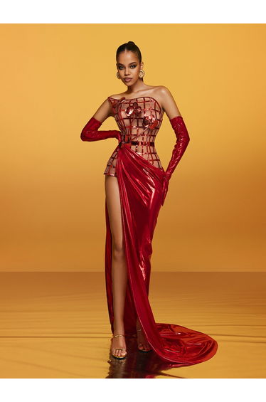 Aethon Strapless Metallic Flower Maxi Dress In Red
