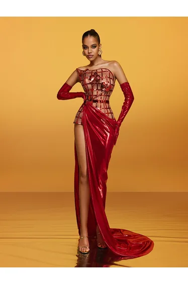 Aethon Strapless Metallic Flower Maxi Dress In Red