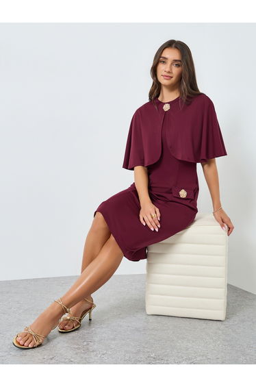 Women Burgundy Cape Sleeve Bodycon Midi Dress