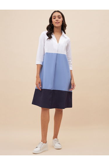 Colorblock Collared Knee Length Dress