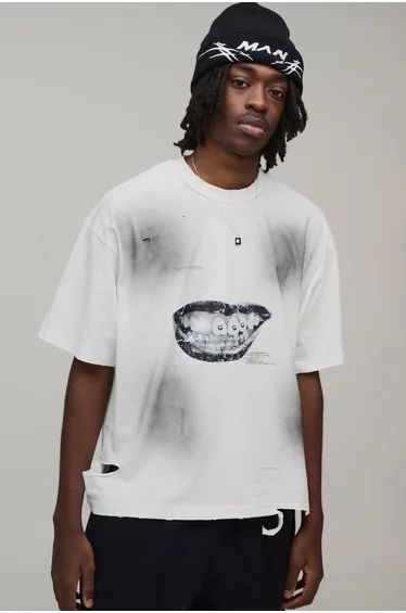 Premium Oversized Boxy Washed Printed T-Shirt - white