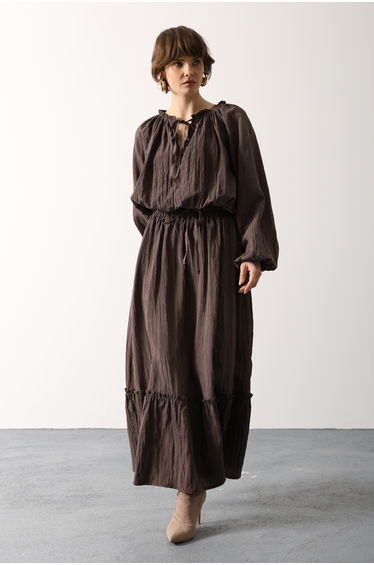 Brown Regular Finike Plain Woven Under&Over Hijab Set - Top and Bottom Set