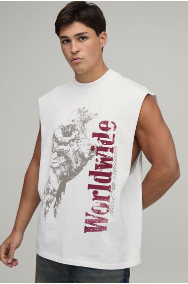 White Oversized Western Print Tank - white