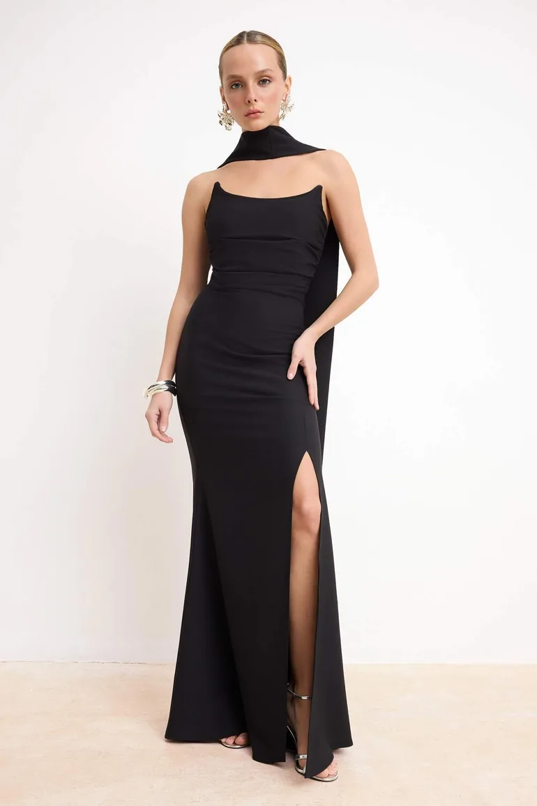 Black Scarf Woven Maxi Evening & Graduation Dress