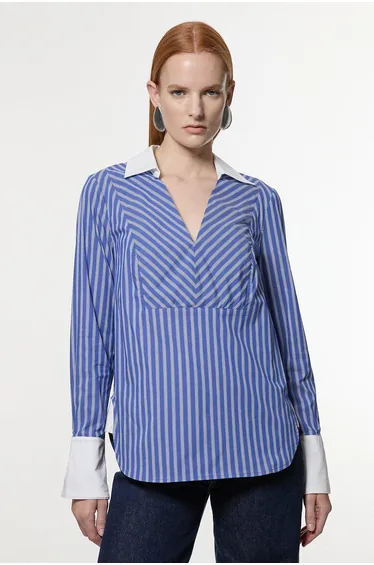 Contrast Cuff And Collar Tailored Stripe Shirt