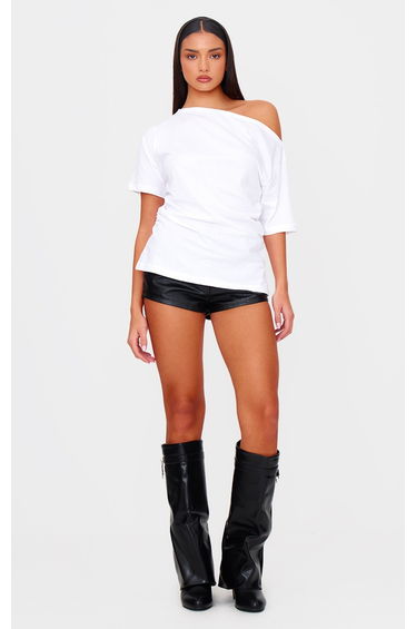 White Asymmetric Ruched Side Detail T Shirt