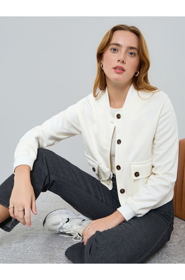 Women Solid Button Front Long Sleeve Jacket