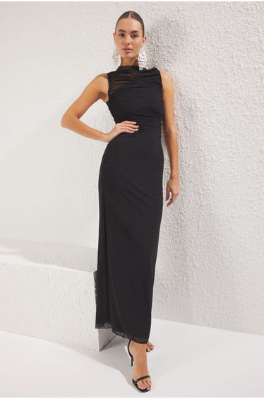 Black Bodycon Lined Tulle Knitted Evening Dress