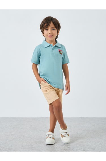 Boys Blue Cotton Embroidered Polo T-Shirt