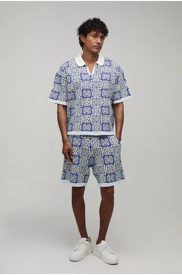 Oversized Boxy Crochet Square Knitted Polo and Short Set - yellow