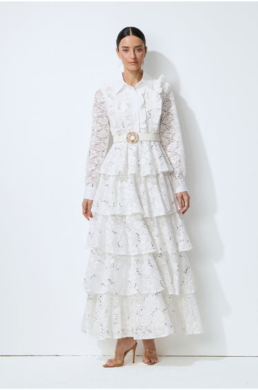 Sunkiss Veil White Sequin Embellished Tiered Lace Maxi Dress