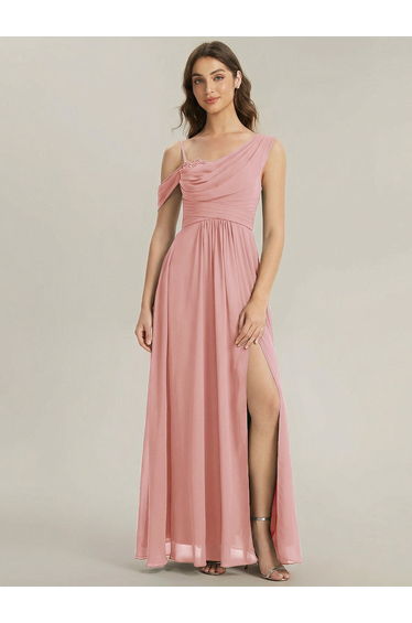 ever ERIKA|Thigh-High Slit Chiffon Dropped shoulders Bridesmaid Dress