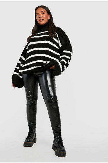 Plus Striped Roll Neck Knitted Jumper