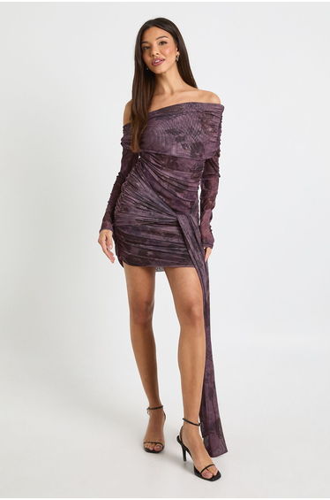 Blurred Floral Bardot Tie Front Mini Dress - plum