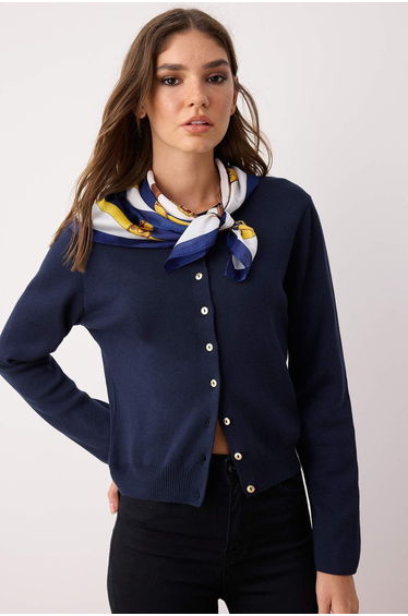 Navy Blue Button Detailed Cotton Basic Knitwear Cardigan
