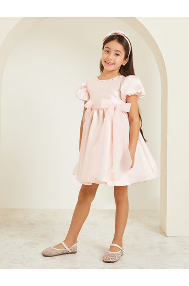 Girls Pink Embellished Puff Sleeve Dress