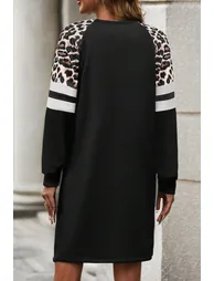 Lvness Black Leopard Print Patchwork Varsity Raglan Sleeve Sweatshirt Dress - 2