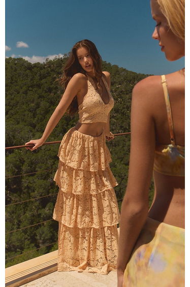 Soft Peach Lace Extreme Tiered Frill Maxi Skirt Co-ord