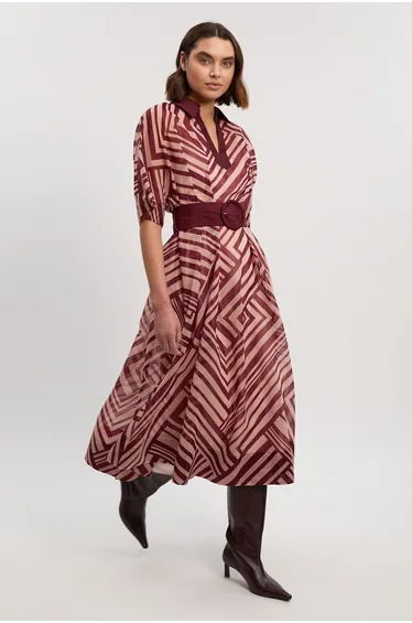 Printed Organdie Plunge Collared Maxi Dress