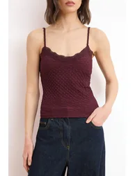 Burgundy Fitted/V-Neck Thin Strap Sleeveless Textured Knitted Blouse - 2