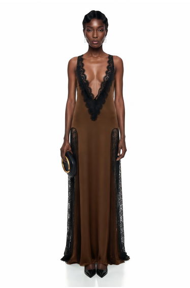 Querubina Olive Backless Lace Trim Satin Maxi Dress