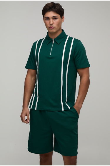 Regular Fit Zip Up Stripe Polo & Jersey Short Set - forest