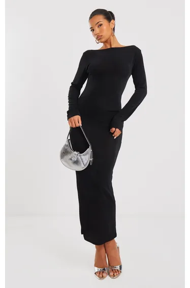 Black Acetate Slinky Long Sleeve Slash Neck Open Back Maxi Dress