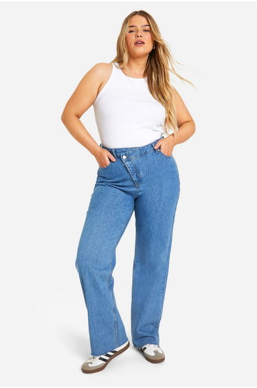 Plus Asymmetric Waist Straight Jeans - light wash