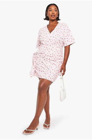 plus ditsy drop waist wrap dress - pink