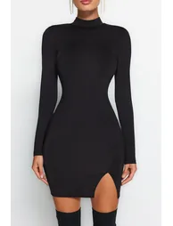 Black Fitted High Neck Knitted Short Elegant Evening Dress - 6