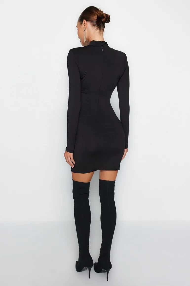 Black Fitted High Neck Knitted Short Elegant Evening Dress - 2