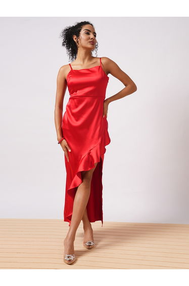 Women Red Solid Satin Asymmetric Hem Sheath Maxi Dress with Ruffle Detail