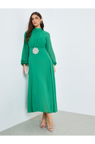 Women Green Embellished Waist Maxi Dress
