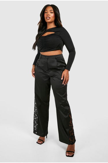 Plus Lace Insert Wide Leg Trouser - black