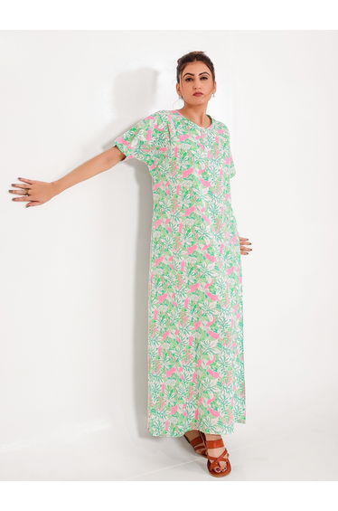 Green Cotton Floral Nightdress with Pockets