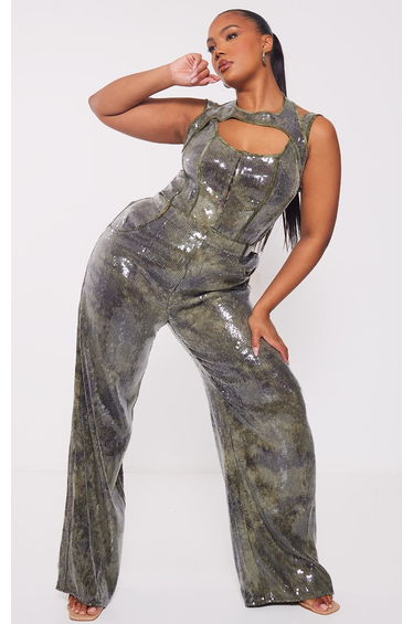Plus Khaki Sequin Wide Leg Trousers