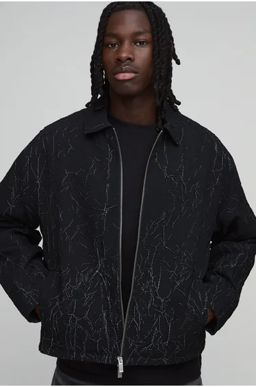 Boxy Fit Creased Textured Harrington Jacket - black